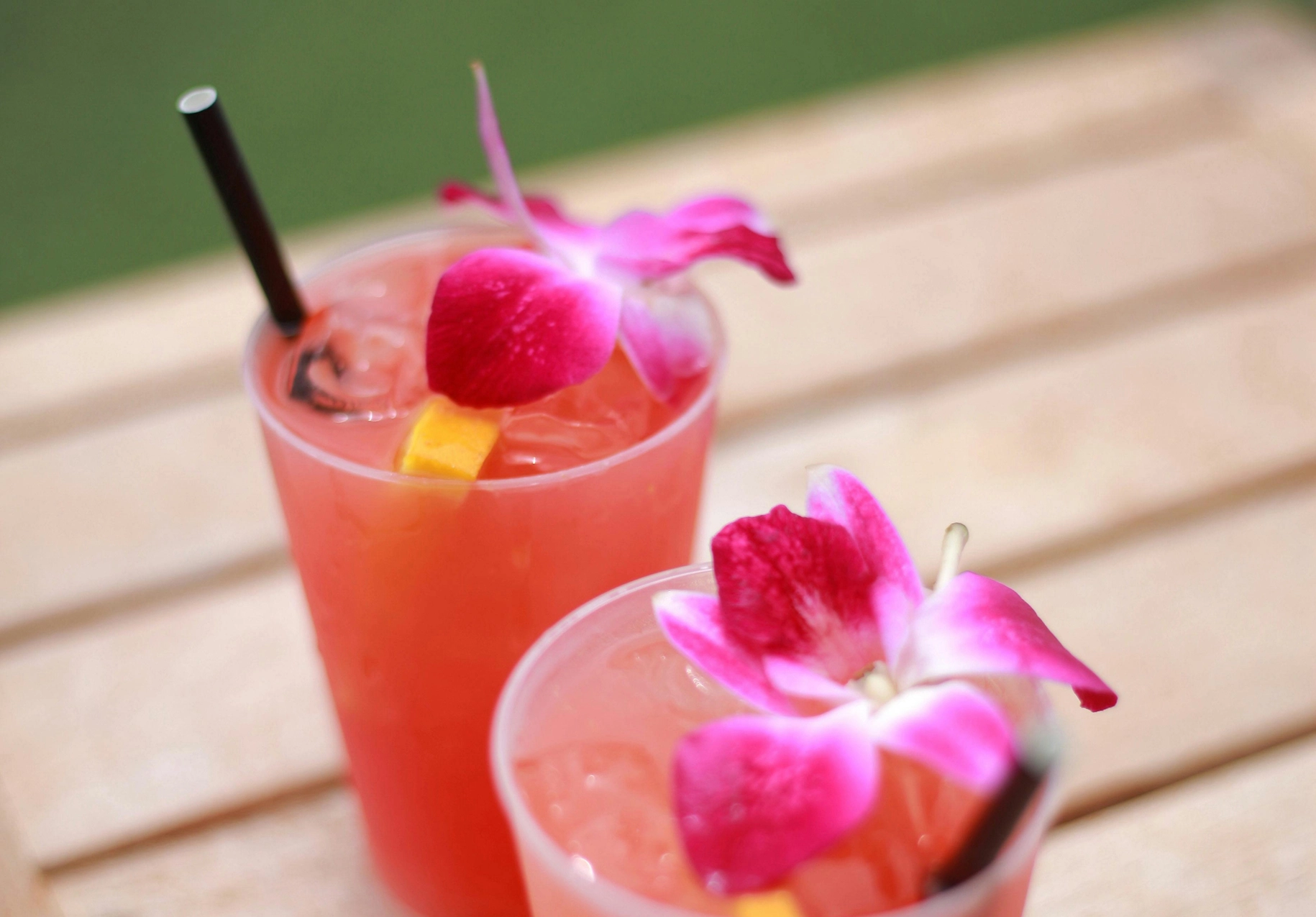 Two pink tropical drinks topped with orchid flowers on a wooden table