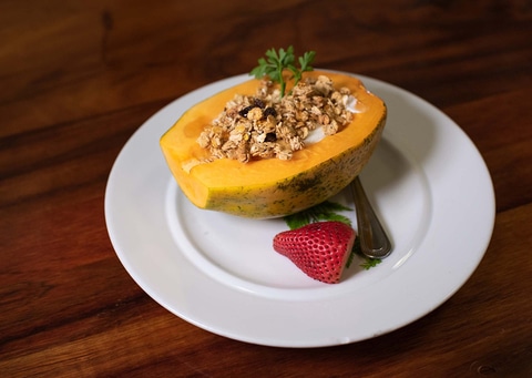 Fresh papaya breakfast with granola at Pagoda Hotel Honolulu