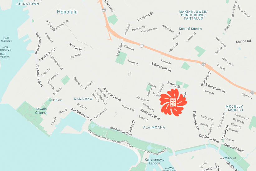 Map showing Pagoda Hotel Honolulu near Ala Moana and Waikīkī